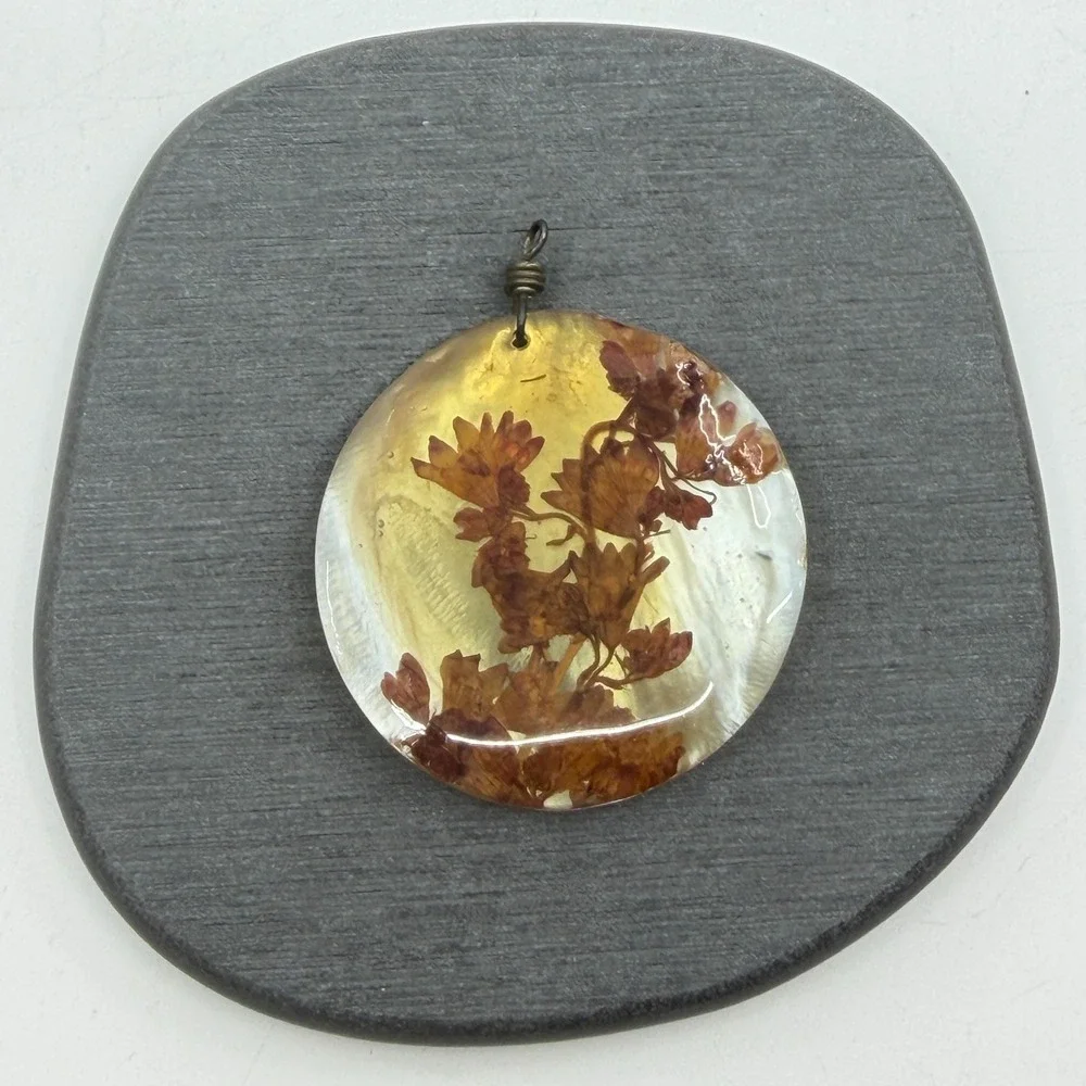 Dried Flower Resin Pendant Amber & Bronze Tone Yellow Cottagecore Boho Jewelry